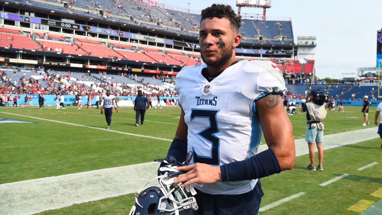 Sep 12, 2021; Nashville, Tennessee, USA; Tennessee Titans cornerback Caleb Farley (3) leaves the field after a loss against the Arizona Cardinals at Nissan Stadium. Mandatory Credit: Christopher Hanewinckel-USA TODAY Sports