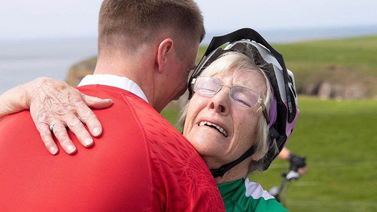 DO NOT USE UNTIL PERMISSION IS GRANTED + CLEARED WITH RACI -- Mavis Paterson hugs her grandson, William, at the end of her 1000+ mile Round Scotland Cycle Challenge to raise money for Macmillan Cancer Support.