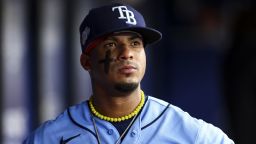 ST PETERSBURG, FLORIDA - APRIL 08: Wander Franco #5 of the Tampa Bay Rays looks on from the dugout during the third inning against the Oakland Athletics at Tropicana Field on April 08, 2023 in St Petersburg, Florida. (Photo by Kevin Sabitus/Getty Images)
