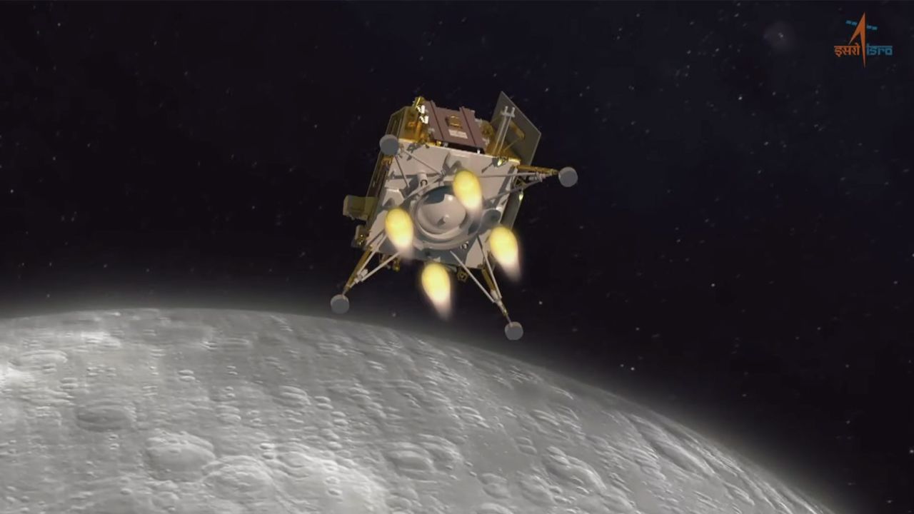 Shown here is a rendering of India's lunar lander descending toward the moon's surface on Wednesday. The nation's last attempt to land a spacecraft on the moon, during the 2019 Chandrayaan-2 mission, failed.