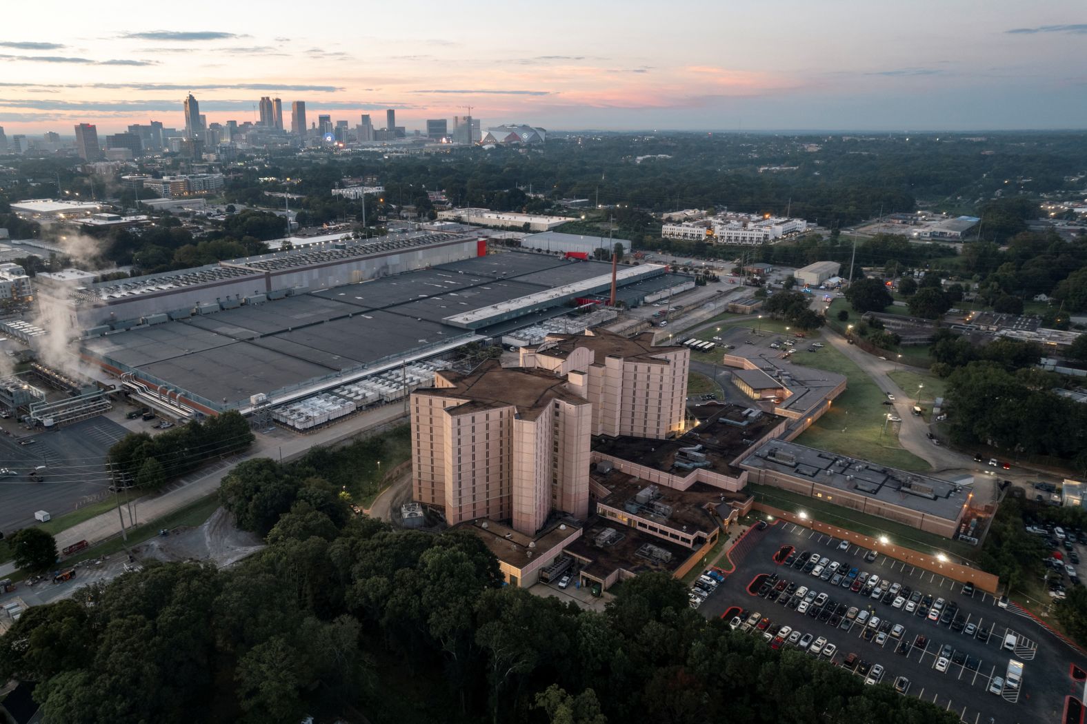 The Atlanta skyline is seen behind the Fulton County jail on Monday.