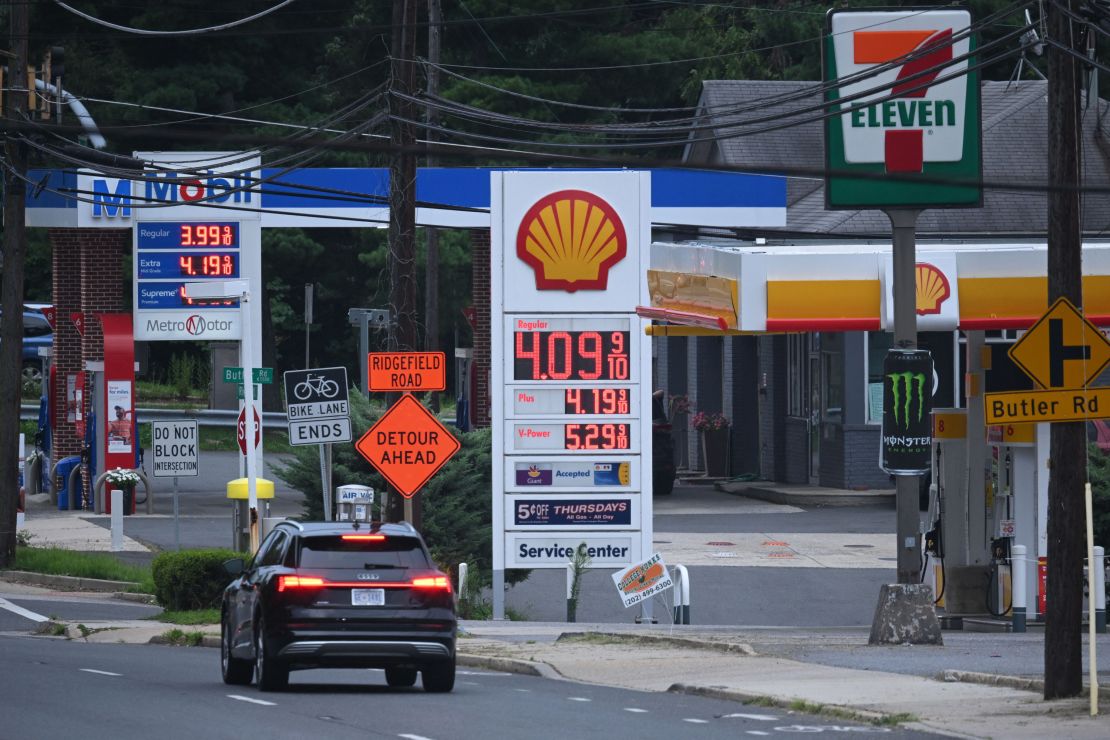 Gas station signboards display prices in Bethesda, Maryland on August 6, 2023. The American Automobile Association's average price for a gallon of regular gasoline is $3.829, up from $3.331 on January 2, 2023. This increase could have an impact on the latest Consumer Price Index, scheduled for release on August 10. (Photo by Mandel NGAN / AFP) (Photo by MANDEL NGAN/AFP via Getty Images)