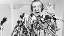 TOPSHOT - picture dated November 1973 of Israel  Prime Minister Golda Meir during a radio adress conference in Tel Aviv after the so called "Kippur war" opposing Israel to Egypt. (Photo by Gabriel DUVAL / AFP) (Photo by GABRIEL DUVAL/AFP via Getty Images)