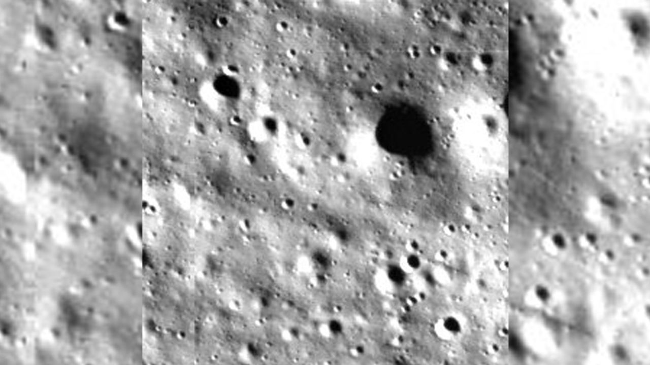 Shown here is an image of the lunar surface taken by the mission's Lander Horizontal Velocity Camera during the spacecraft's descent on Wednesday.
