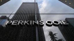 Signage for Perkins Coie LLP International Law Firm outside their offices in Midtown Manhattan in New York.