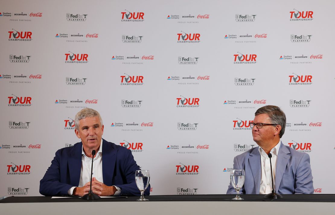 ATLANTA, GEORGIA - AUGUST 22: PGA Tour Commissioner Jay Monahan (L) and EVP & President, PGA TOUR, Tyler Dennis speak to the media prior to the TOUR Championship at East Lake Golf Club on August 22, 2023 in Atlanta, Georgia. (Photo by Kevin C. Cox/Getty Images)