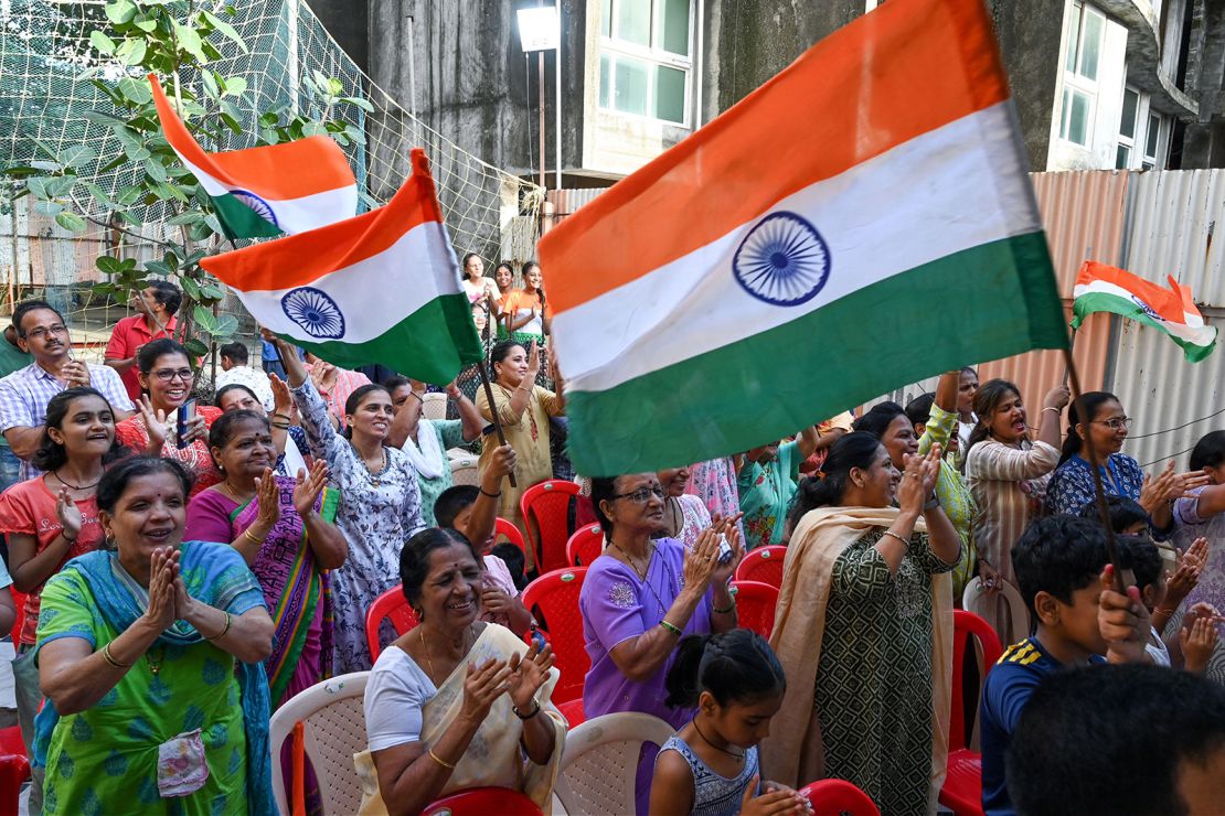 People in Mumbai celebrate the successful lunar landing of Chandrayaan-3 on the south pole of the Moon on August 23.