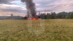 A view shows plane wreckage on fire following an alleged air accident at a location given as Tver region, Russia, in this image published August 23, 2023. Yevgeny Prigozhin, chief of Russian private mercenary group Wagner, was reportedly listed as a passenger on a private jet which crashed north of Moscow on August 23, 2023. Ostorozhno Novosti/Handout via REUTERS ATTENTION EDITORS - THIS IMAGE WAS PROVIDED BY A THIRD PARTY. NO RESALES. NO ARCHIVES. MANDATORY CREDIT. WATERMARK FROM SOURCE.