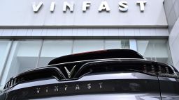A Vinfast electric car is parked outside a showroom in Hanoi on August 18, 2023. 