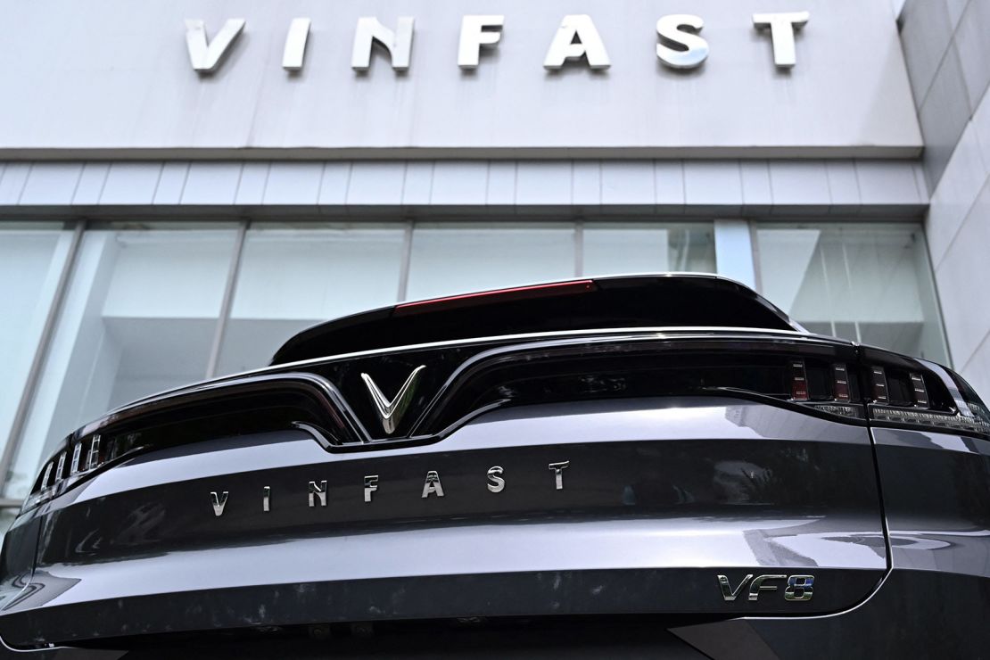 A Vinfast electric car parked outside a showroom in Hanoi on August 18.