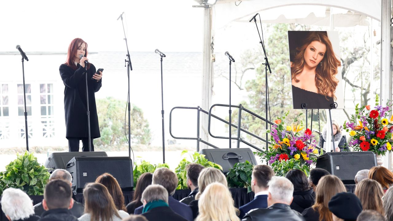 Priscilla Presley speaking at the public memorial for Lisa Marie Presley at Graceland in Memphis in January. 