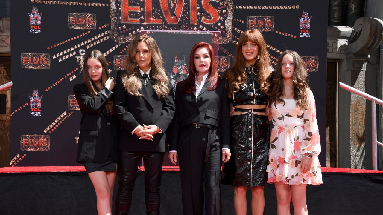 (From left) Harper Vivienne Ann Lockwood, Lisa Marie Presley, Priscilla Presley, Riley Keough, and Finley Aaron Love Lockwood in Hollywood in 2022. 