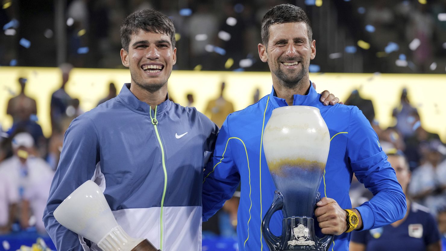 Novak Djokovic, right, of Serbia, poses with Carlos Alcaraz, left, of Spain. 