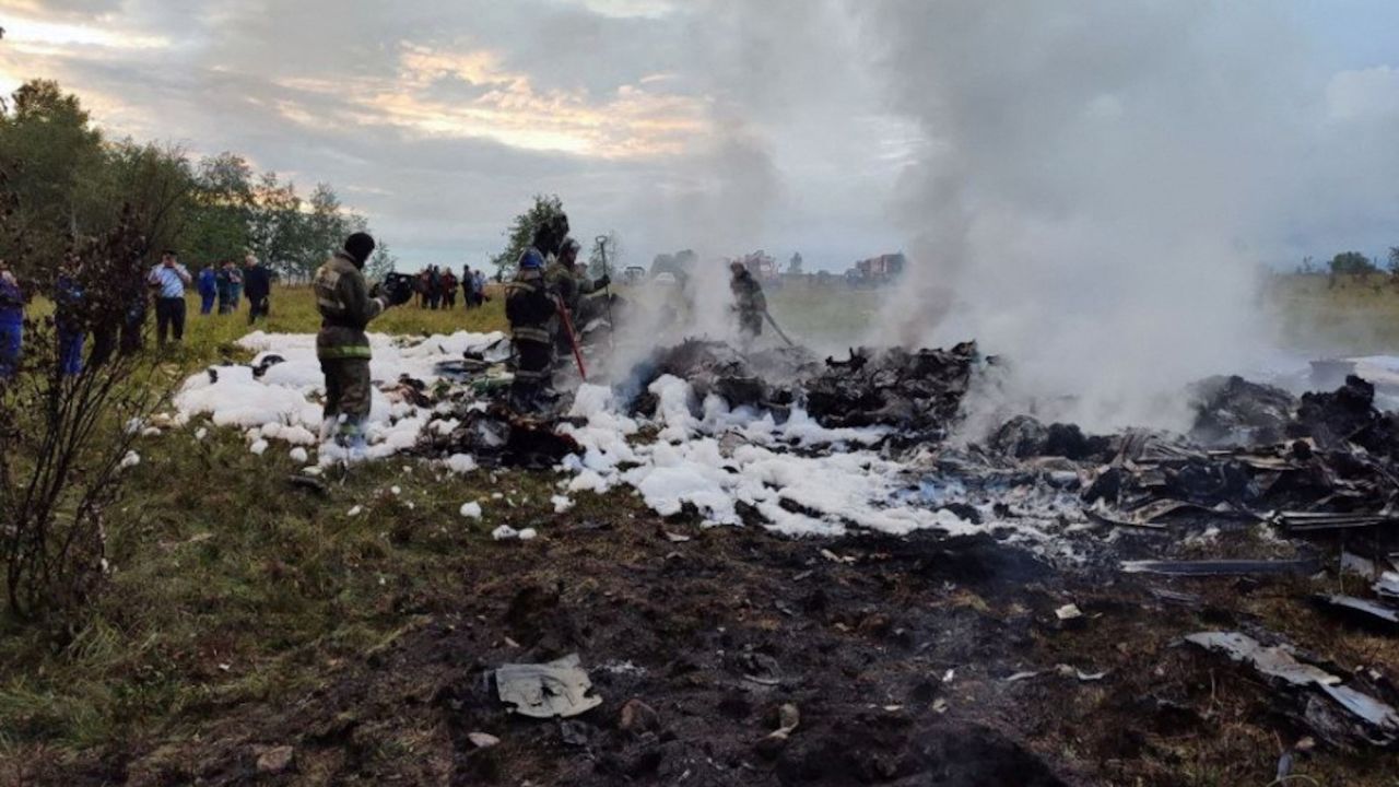 Firefighters work amid aircraft wreckage at an accident scene following the crash of a private jet in the Tver region, Russia, August 23, 2023. Yevgeny Prigozhin, chief of Russian private mercenary group Wagner, was reportedly listed as a passenger on a private jet which crashed north of Moscow on August 23, 2023. Investigative Committee of Russia/Handout via REUTERS ATTENTION EDITORS - THIS IMAGE WAS PROVIDED BY A THIRD PARTY. NO RESALES. NO ARCHIVES. MANDATORY CREDIT.