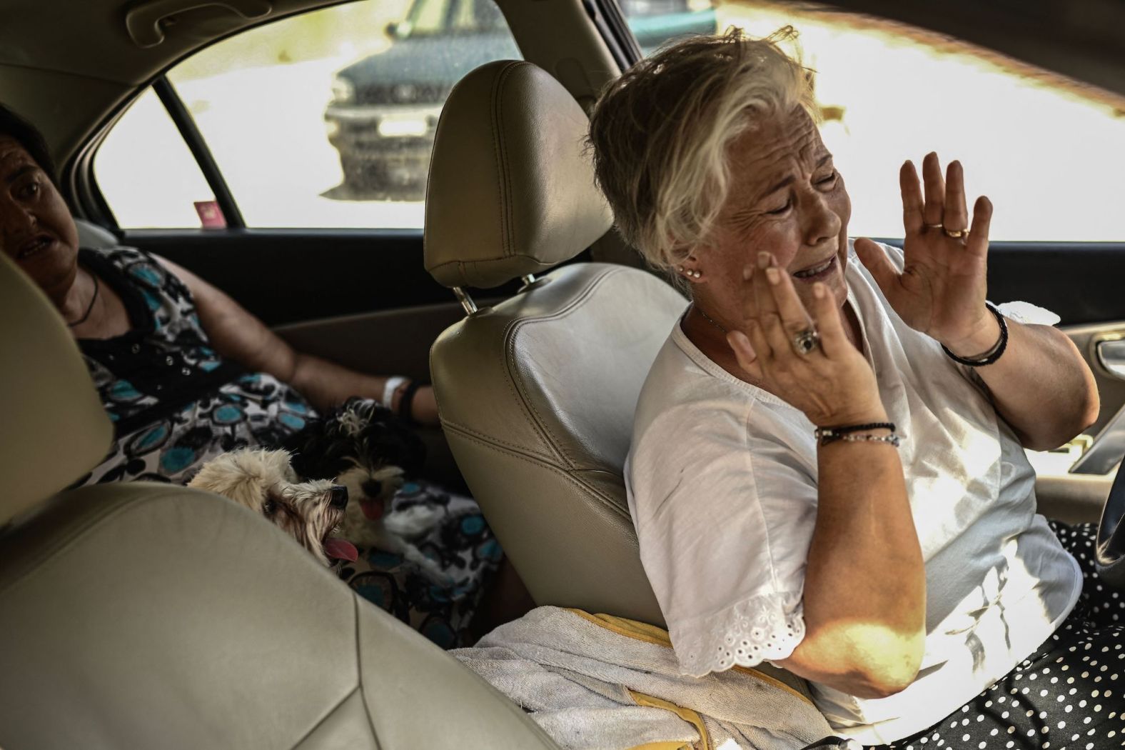 Local residents react as a wildfire spreads in Acharnes on August 23.