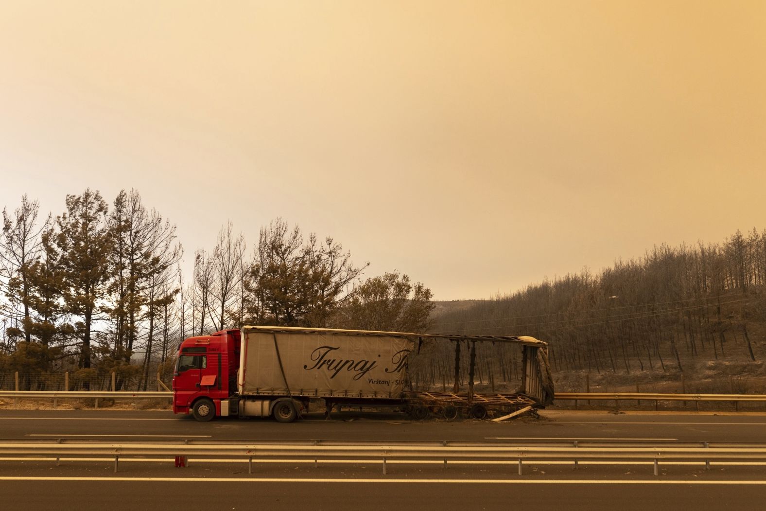 A truck is damaged on a highway near Alexandroupolis.