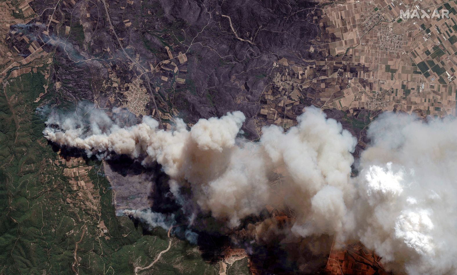 This satellite image shows an overview of wildfires in Alexandroupolis on August 22.