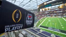 INGLEWOOD, CA - JANUARY 09: A detail view of the CFP and ESPN logo is seen on a broadcast tv camera prior to game action during the 2023 CFP National Championship game between the Georgia Bulldogs and the TCU Horned Frogs on January 09, 2023, at SoFi Stadium in Inglewood, CA. (Photo by Robin Alam/Icon Sportswire via Getty Images)