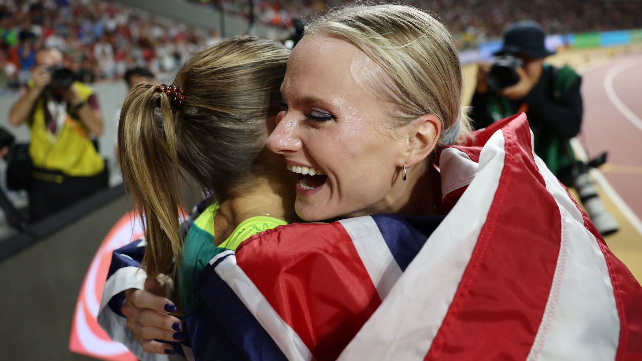 BUDAPEST, HUNGARY - AUGUST 23: Gold medalist Nina Kennedy of Team Australia and gold medalist Katie Moon of Team United States react after competing in the Women's Pole Vault Final during day five of the World Athletics Championships Budapest 2023 at National Athletics Centre on August 23, 2023 in Budapest, Hungary. (Photo by Steph Chambers/Getty Images)