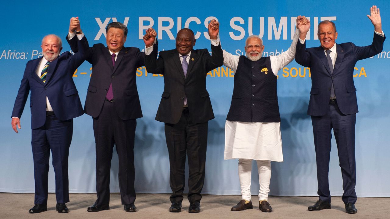 Brazil's President Luiz Inacio Lula da Silva, Chinese leader Xi Jinping, South African President Cyril Ramaphosa, Indian Prime Minister Narendra Modi and Russia's Foreign Minister Sergei Lavrov at the BRICS Summit in Johannesburg this August.