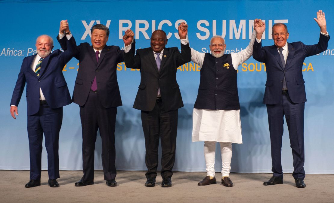 Brazil's President Luiz Inacio Lula da Silva, Chinese leader Xi Jinping, South African President Cyril Ramaphosa, Indian Prime Minister Narendra Modi and Russia's Foreign Minister Sergei Lavrov at the BRICS Summit in Johannesburg this August. 