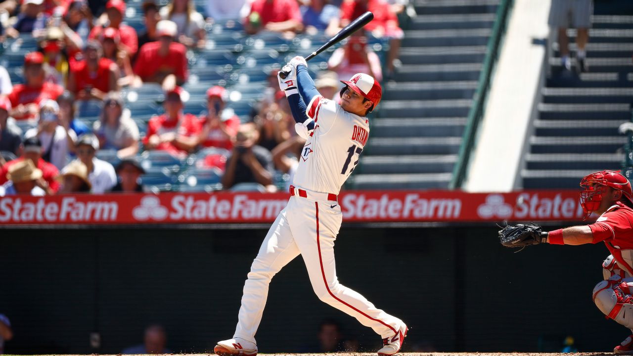 ANAHEIM, CA - AUGUST 23: Shuhei Ohtani #17 of the Los Angeles Angels hits a home run against the Cincinnati Reds in the first inning during Game 1 of a doubleheader at Angel Stadium of Anaheim on August 23, 2023 in Anaheim, California.  (Photo by Ronald Martinez/Getty Images)