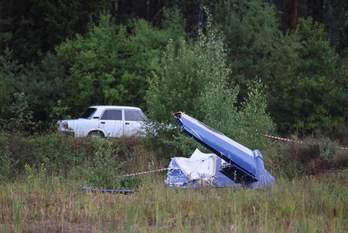 A wreckage of the private jet is seen near the crash site in the Tver region, Russia, August 24, 2023.