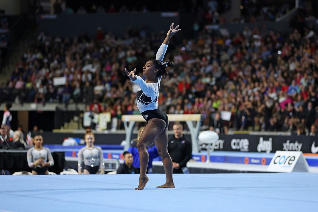 Biles competes in the floor exercise during the Core Hydration Classic.