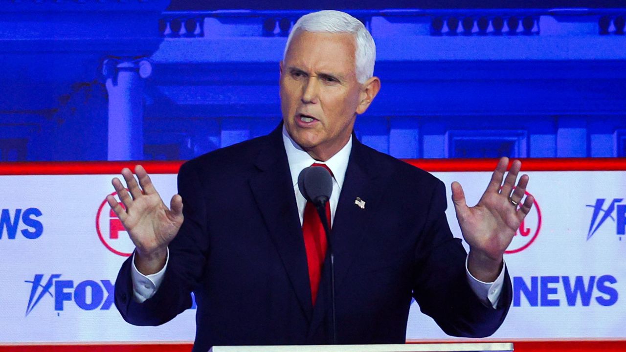 Republican presidential candidate and former U.S. Vice President Mike Pence speaks at the first Republican candidates' debate of the 2024 U.S. presidential campaign in Milwaukee, Wisconsin, U.S. August 23, 2023.
