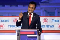 Republican presidential candidate businessman Vivek Ramaswamy speaks during a Republican presidential primary debate hosted by FOX News Channel Wednesday, Aug. 23, 2023, in Milwaukee.
