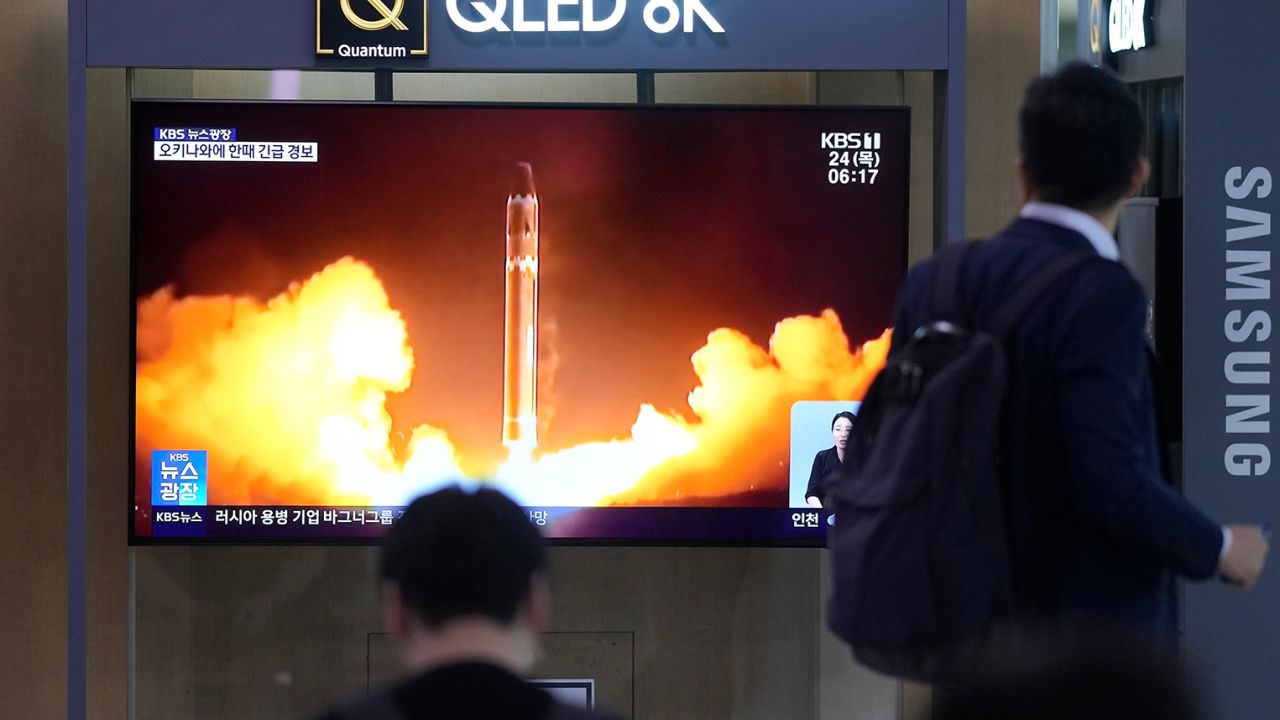 A TV screen shows a report of North Korea's rocket launch with file image during a news program at the Seoul Railway Station in Seoul, South Korea, Thursday, August 24, 2023. North Korea said Thursday that its second attempt to launch a spy satellite failed but vowed to make a third attempt in October.