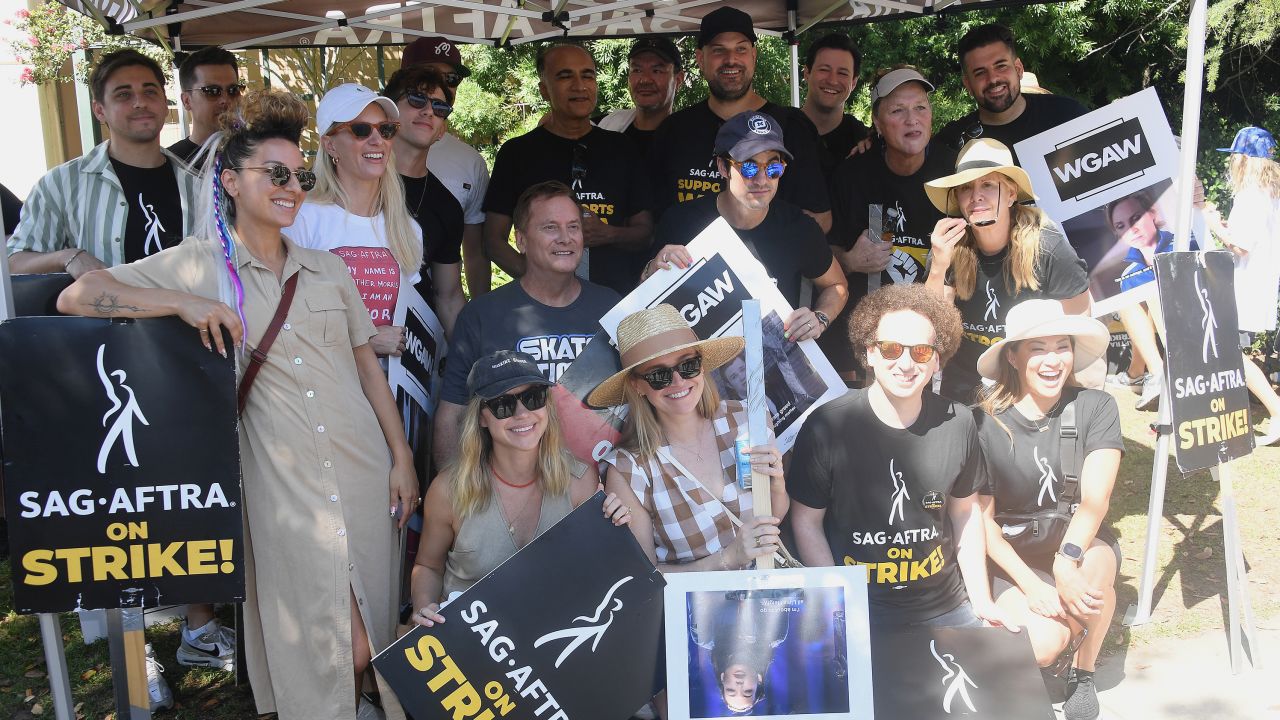 "Glee" castmembers and writers join members and supporters of SAG-AFTRA and WGA on the picket line on August 23, 2023 in Burbank, California.