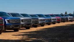Ford Lightning F-150 pickup trucks during a media event at Vino Farms in Healdsburg, California, US, on Friday, May 20, 2022. With the release of the F-150 Lightning, Ford hopes to electrify new and traditional truck buyers alike, and eventually to replace its industry-defining gas-powered line. Photographer: David Paul Morris/Bloomberg
