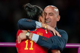 Rubiales embraces Hermoso just before video showed him kissing her after Spain's World Cup victory over England. 