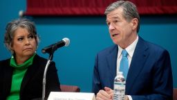 North Carolina Gov. Roy Cooper speaks at a roundtable discussion at Asheville-Buncombe Technical Community College on June 30.