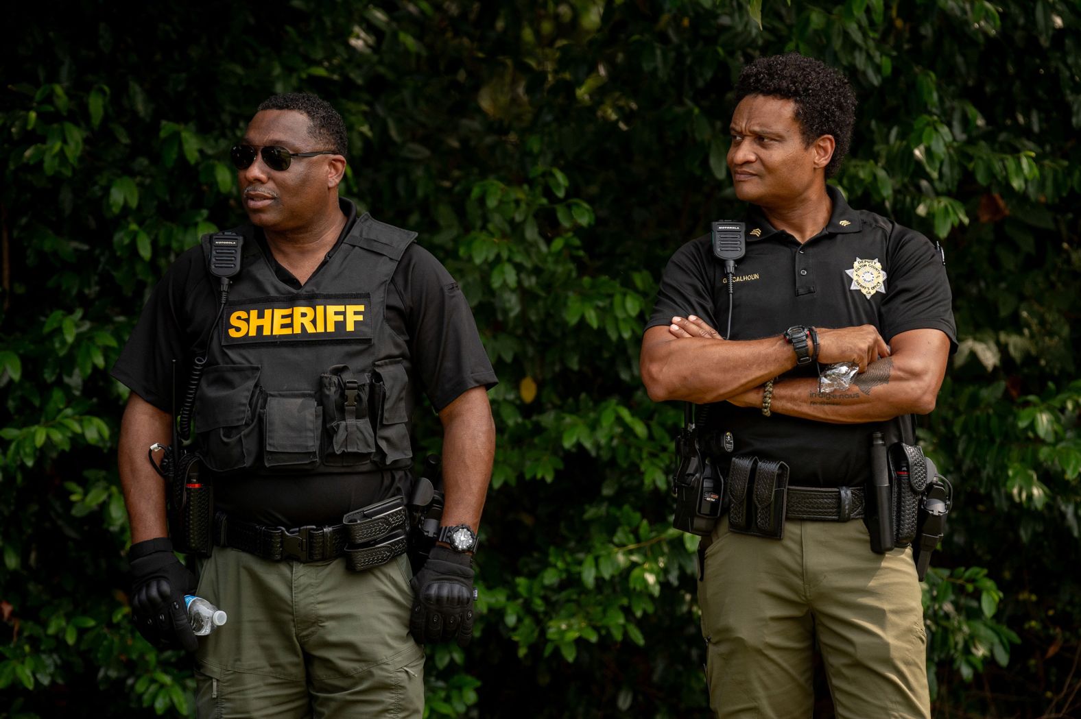 Officers from the Fulton County Sheriff's Office stand guard outside the jail on Thursday.