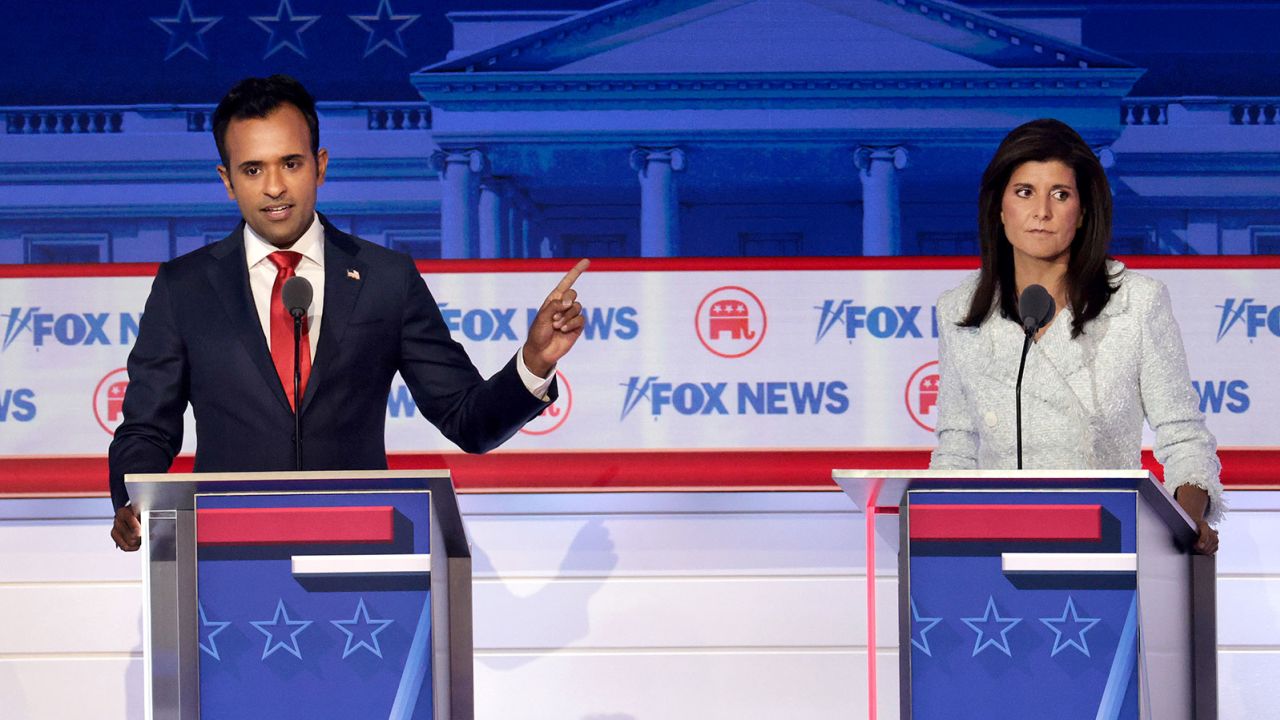 Vivek Ramaswamy and former South Carolina Gov. Nikki Haley participate in the first debate of the GOP primary season hosted by Fox News at the Fiserv Forum on August 23, 2023, in Milwaukee.