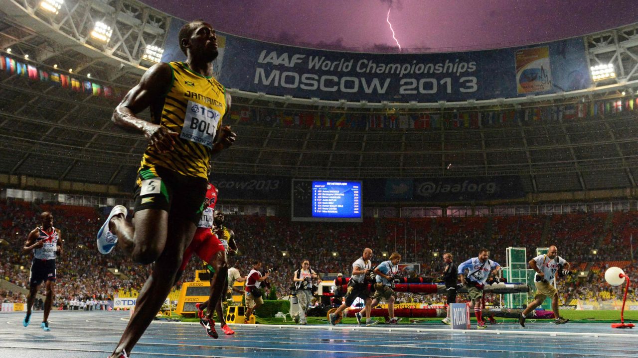 Usain Bolt competing at the 2013 World Championships at the Luzhniki stadium in Moscow on August 11, 2013.