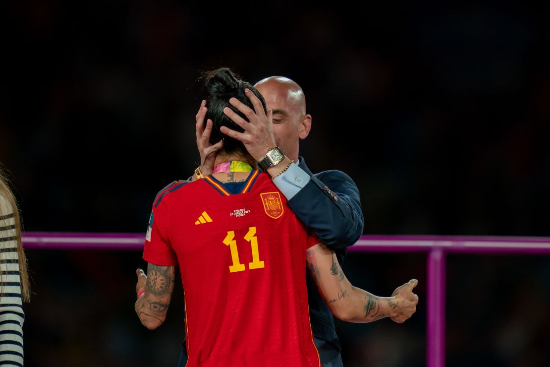Luis Rubiales kisses Jennifer Hermoso during the medal ceremony following Spain's 1-0 win over England on Sunday.