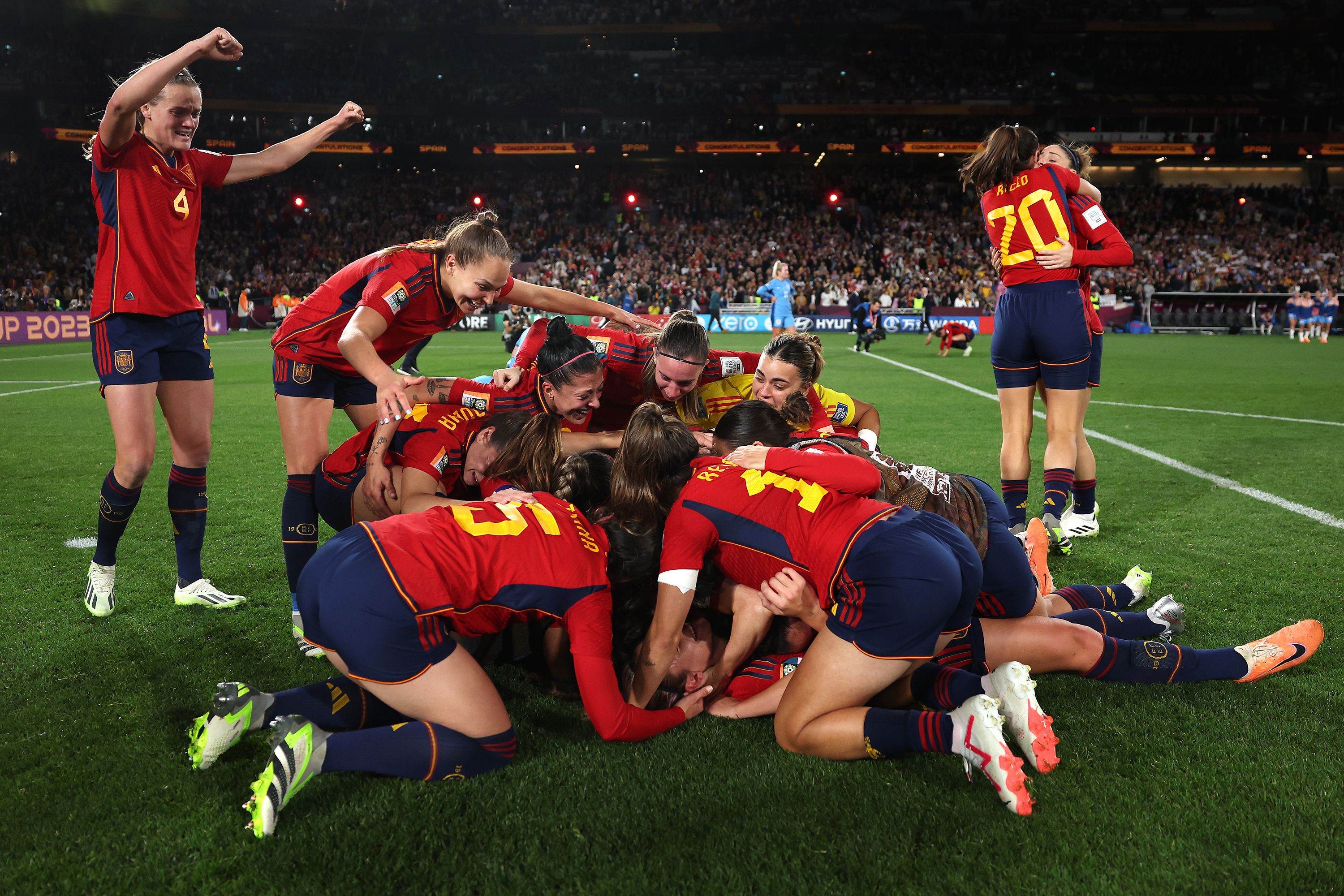 Spanish players celebrate after winning the Women's World Cup final on Sunday, August 20. Olga Carmona's goal in the 29th minute was the only scoring in the 1-0 victory over England. It's the first time ever that Spain has won the tournament.