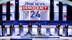 TOPSHOT - (From L) Former Governor of Arkansas Asa Hutchinson, former Governor of New Jersey Chris Christie, former US Vice President Mike Pence, Florida Governor Ron DeSantis, entrepreneur and author Vivek Ramaswamy, former Governor from South Carolina and UN ambassador Nikki Haley, US Senator from South Carolina Tim Scott and North Dakota Governor Doug Burgum, take part in the first Republican Presidential primary debate at the Fiserv Forum in Milwaukee, Wisconsin, on August 23, 2023. Candidates were asked to raise their hands if they would support former US president Donald Trump as the Republican presidential candidate if he were to be convicted of crimes for which he has been indicted. (Photo by Brendan SMIALOWSKI / AFP) (Photo by BRENDAN SMIALOWSKI/AFP via Getty Images)