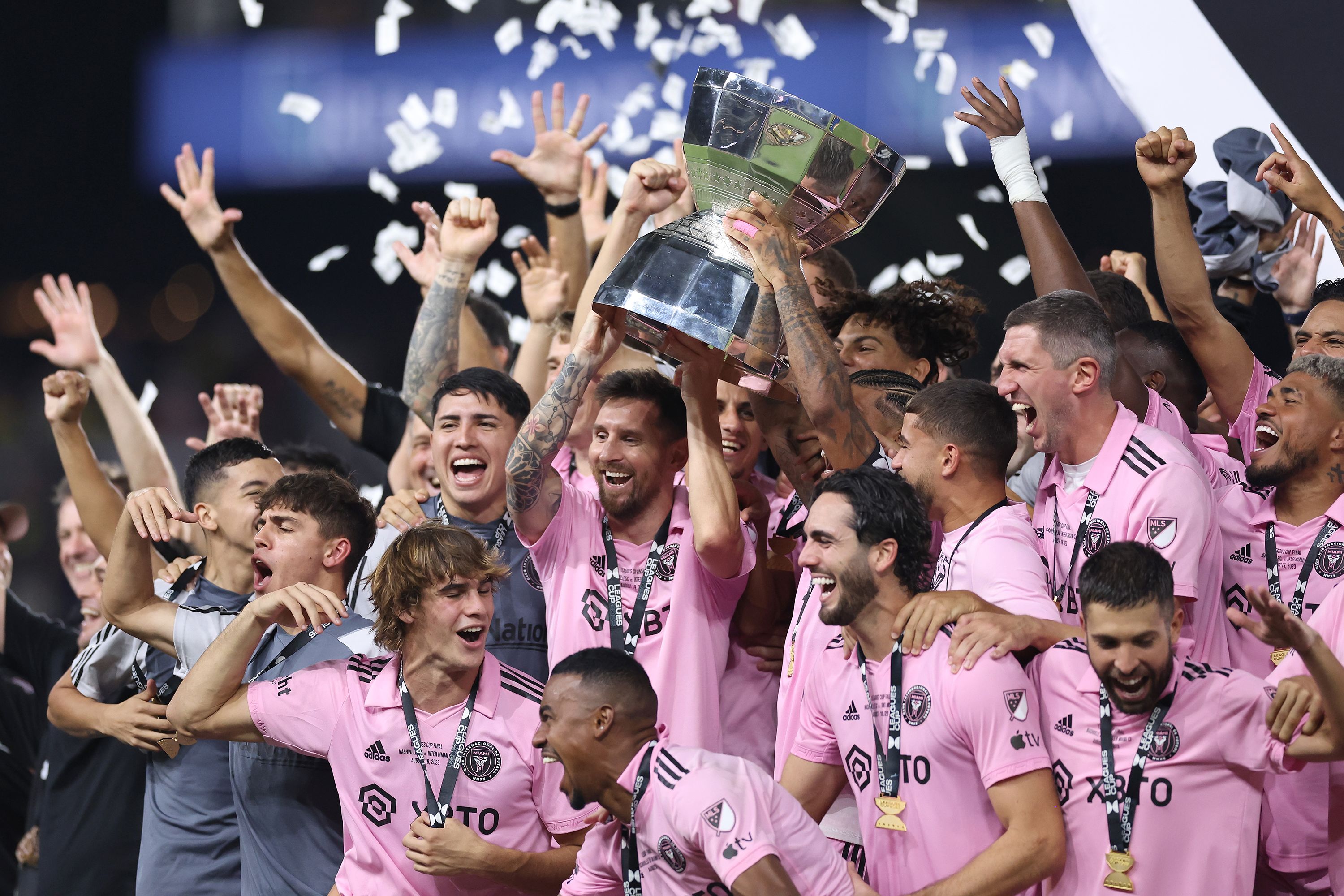 Lionel Messi and his Inter Miami teammates hoist the Leagues Cup trophy after winning the final in Nashville, Tennessee, on Saturday, August 19. It is the 44th trophy of Messi's career, making him the most decorated men's footballer in the sport's history, according to ESPN.