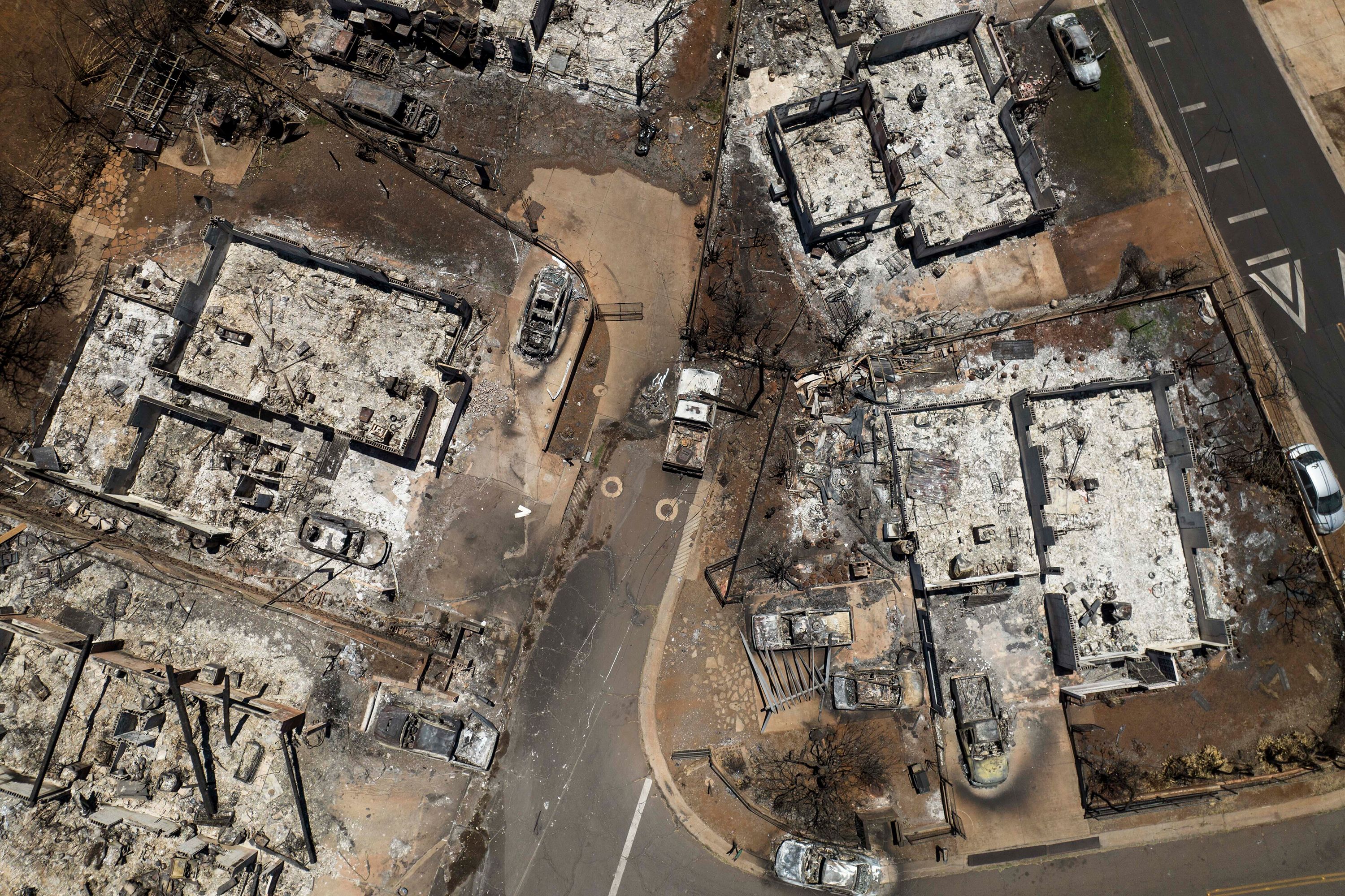 This aerial photo, taken on Tuesday, August 22, shows wildfire damage in Lahaina, Hawaii. Catastrophic wildfires have killed dozens of people on the Hawaiian island of Maui, and the blaze that devastated Lahaina is now the deadliest US wildfire in over 100 years, officials said.