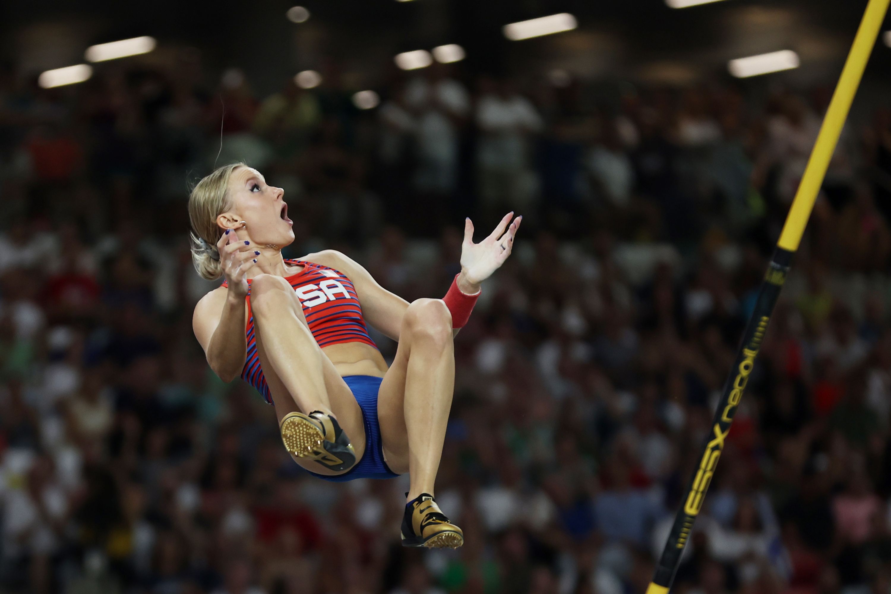 US pole vaulter Katie Moon reacts after an attempt at the World Athletics Championships on Wednesday, August 23. She and Australian Nina Kennedy shared the gold medal — the first time that has happened in the history of the World Championships.