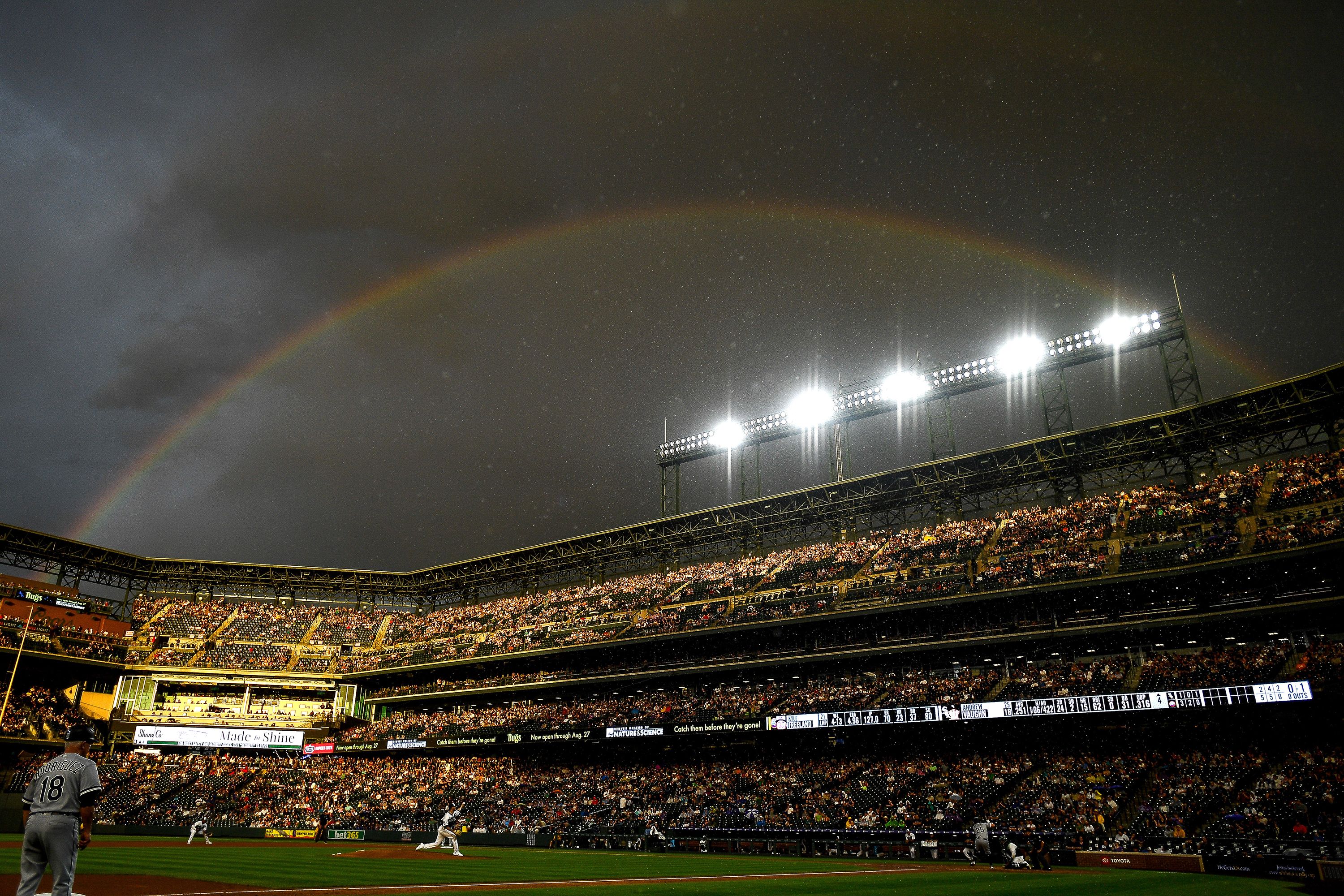 A rainbow appears over Coors Field during a Major League Baseball game in Denver on Saturday, August 19.