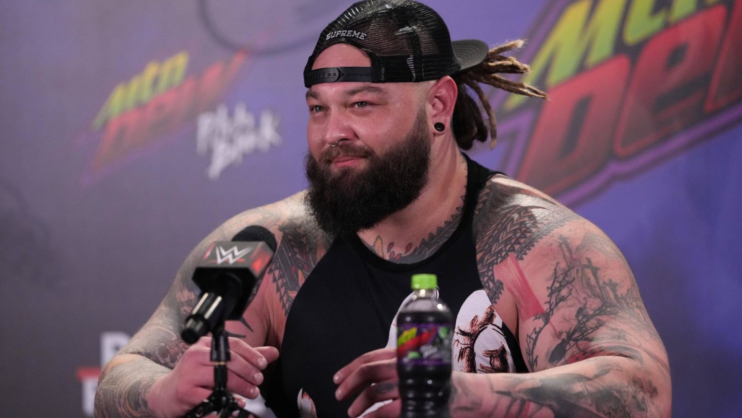 Bray Wyatt speaks during a press conference after the WWE Royal Rumble at the Alamodome in San Antonio on January 28, 2023. 