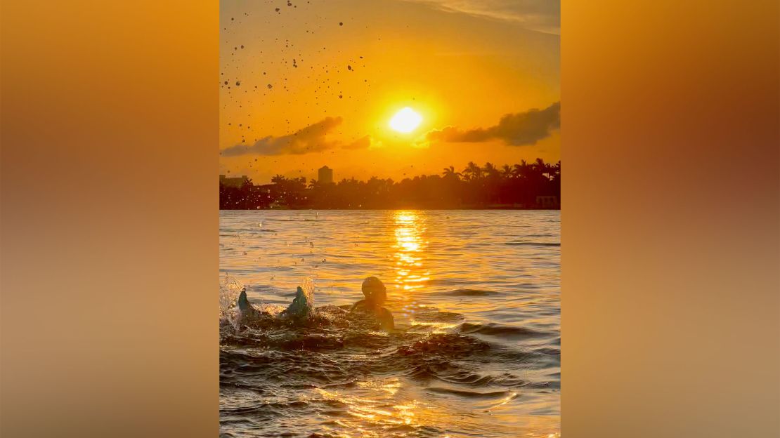 Liivand swam for 14 hours and 15 minutes around Miami's Biscayne Bay.