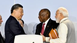 Brazilian President Inacio Lula da Silva (L), Chinese President Xi Jinping (2nd L), South African President Cyril Ramaphosa (2nd R), and Indian Prime Minister Narendra Modi (R) attend the 15th BRICS Summit in Johannesburg, South Africa on August 24, 2023. 