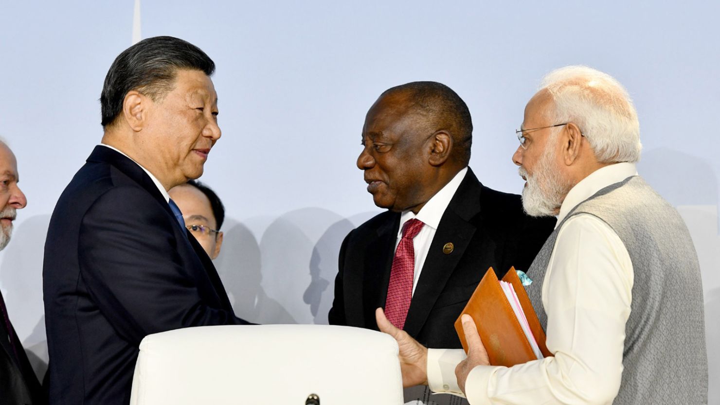 Chinese leader Xi Jinping, South African President Cyril Ramaphosa and Indian Prime Minister Narendra Modi at the BRICS Summit in Johannesburg, South Africa, on August 24.