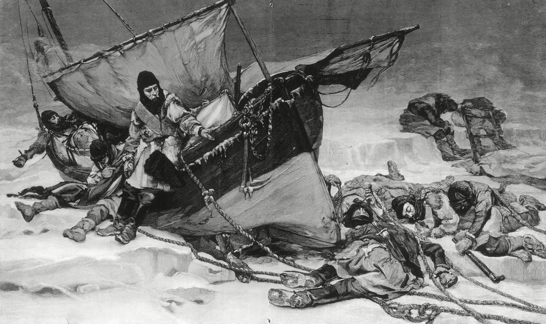 Engraving showing the end of Sir John Franklin's ill-fated Arctic expedition, taken from a painting by W. Thomas Smith exhibited in the Royal Academy in 1896. 